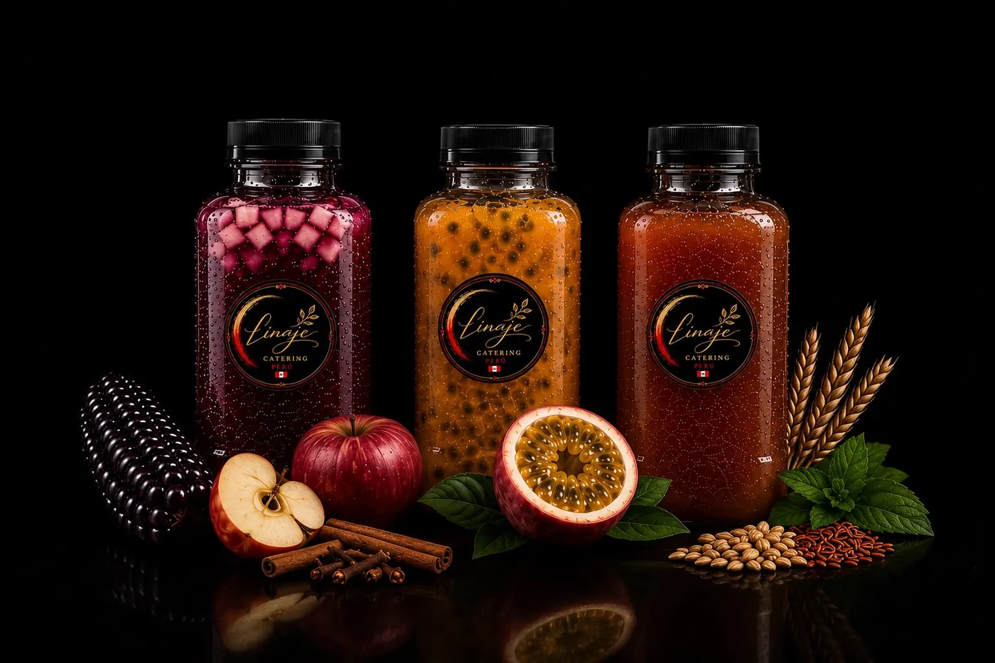 Botellas de chicha morada, maracuyá y emoliente