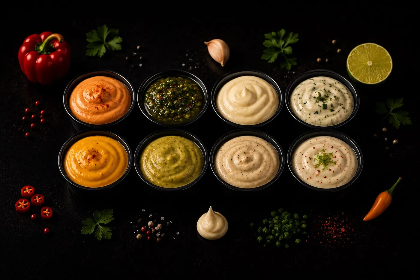 Cuencos de salsas artesanales de colores